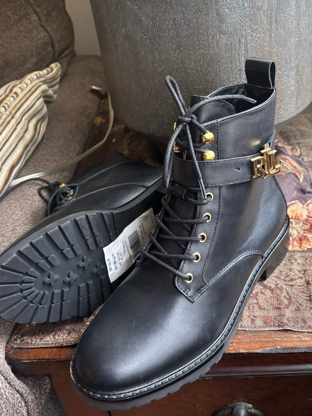 NWT Ralph Lauren Black Leather Lace-Up Combat Boot with Gold RL Accent